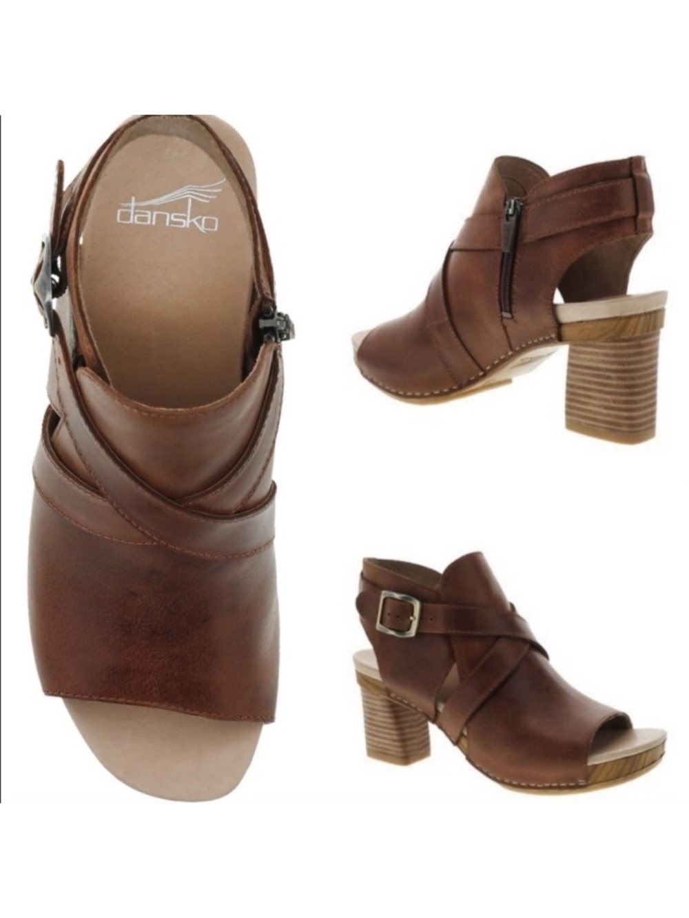 Dansko Arlene Stacked Heel Sandals Peep Toe Slingback Brown Leather Size 8.5